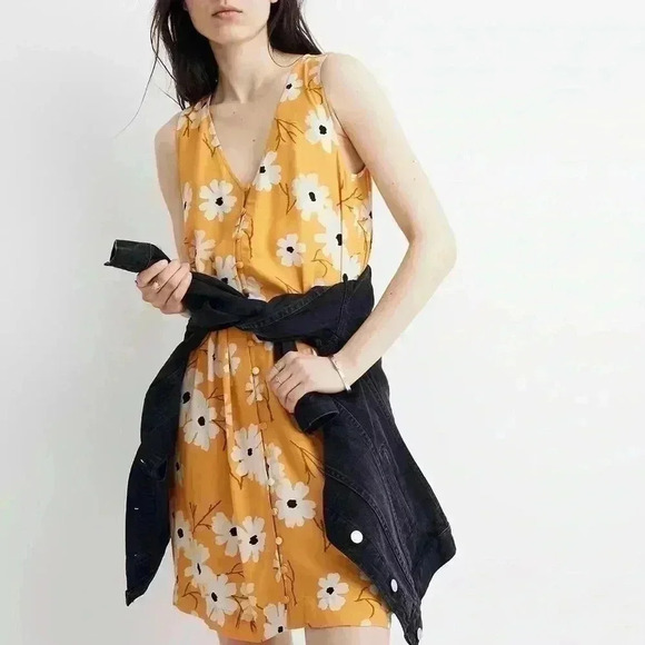 New Madewell Button Front Dress Floral Yellow XS - Picture 2 of 12